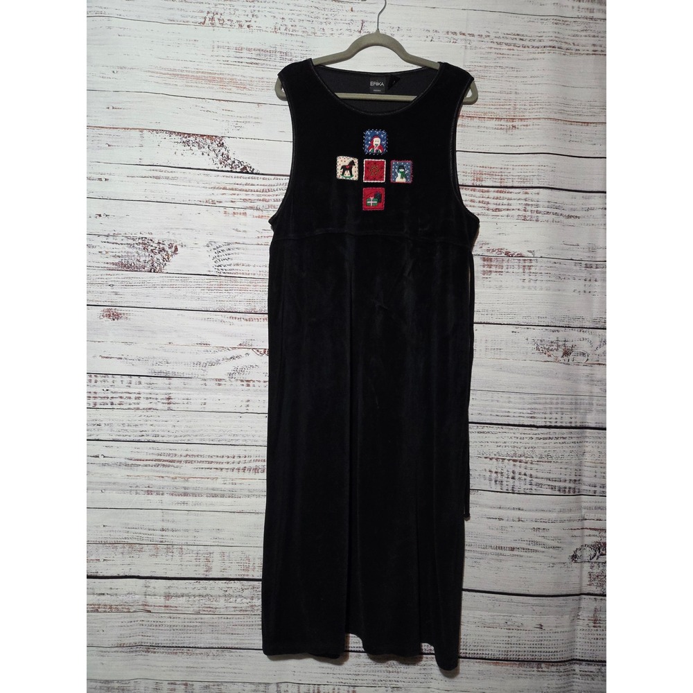 Erika Black Velvet Holiday Dress Womens XL Sleeveless Christmas Snowman Santa